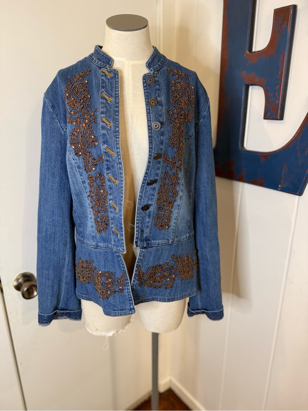 Embroidered and Sequin Blue Denim Jacket for Women Sz L